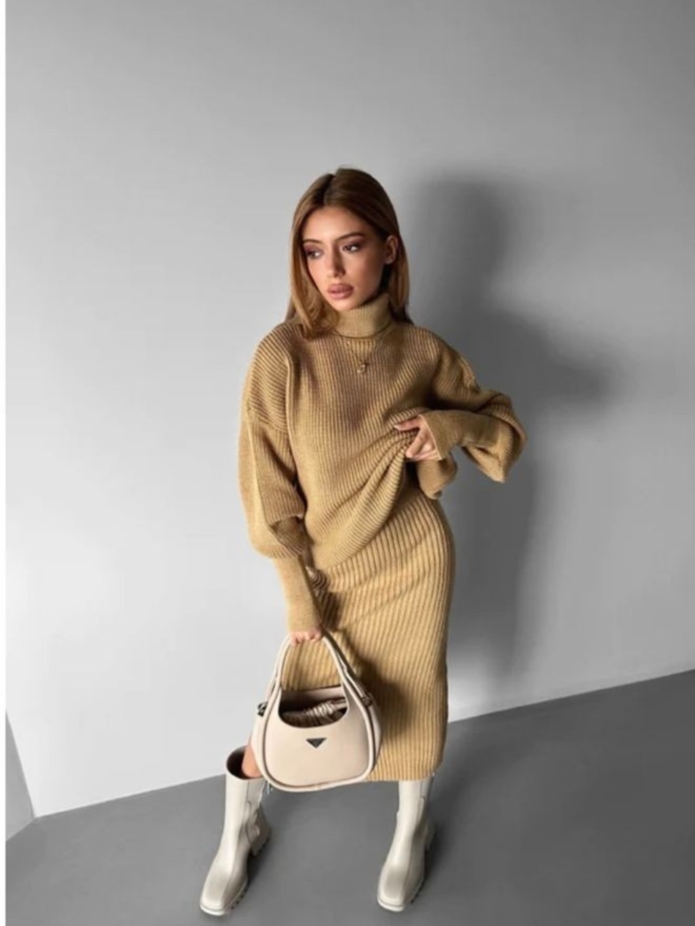 Turtleneck Ribbed Knit Sweater Dress in Camel